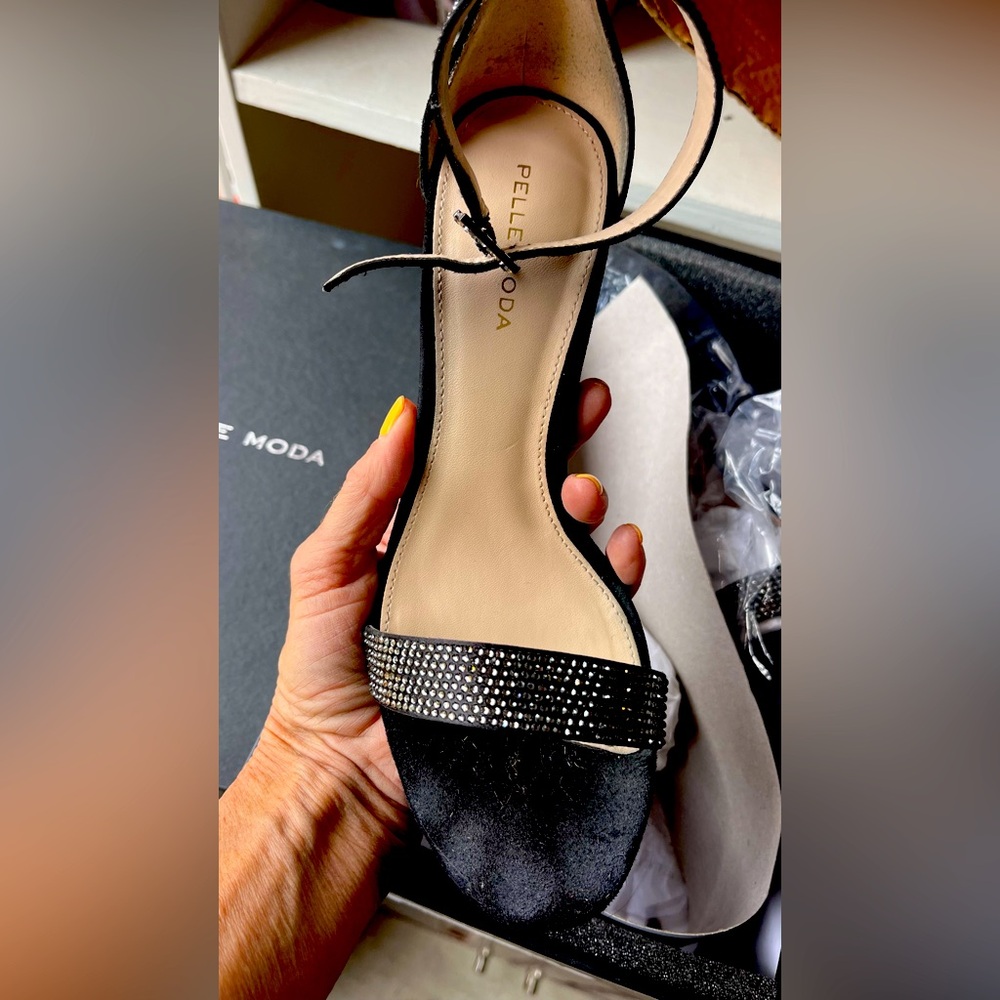 Pelle Moda silk and kid suede, black and rhinestone party shoe.